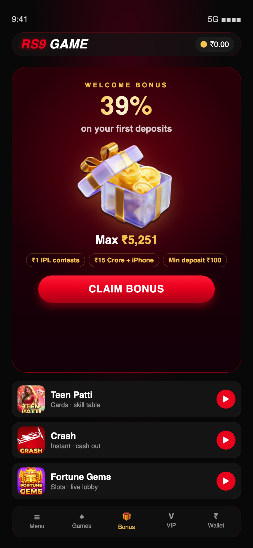 RS9 GAME app showing 39% Welcome Bonus up to ₹5,251 and ₹1 IPL contests
